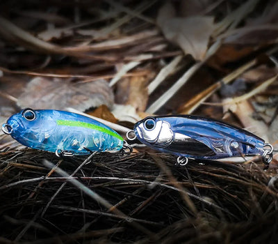 Topwater stickbait fishing lure pair, blue with silver accents and treble hooks