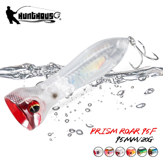 Floating fishing lure with prismatic clear body and red head, two treble hooks
