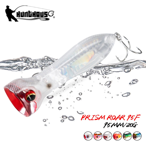 Floating fishing lure with prismatic clear body and red head, two treble hooks
