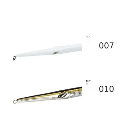 Needle trolling pencil lure, white (007) and gold/black (010), with treble hooks
