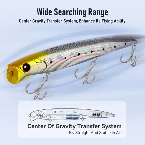 KINGDOM floating minnow lure with yellow head, silver patterned body, treble hooks