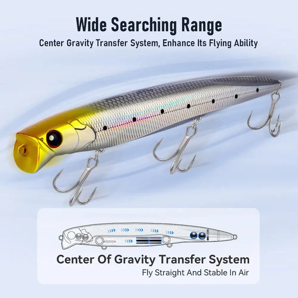 KINGDOM floating minnow lure with yellow head, silver patterned body, treble hooks