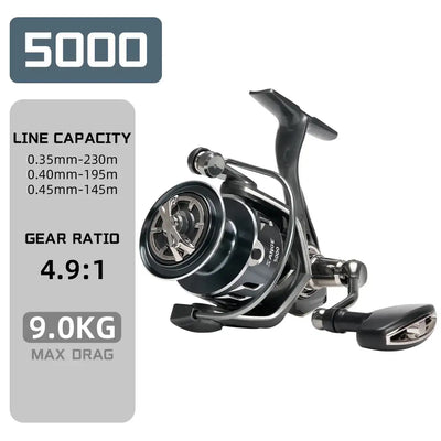 Black and silver Shimano Savage 5000 spinning reel with CNC aluminum spool and asymmetrical rotor for smooth angling