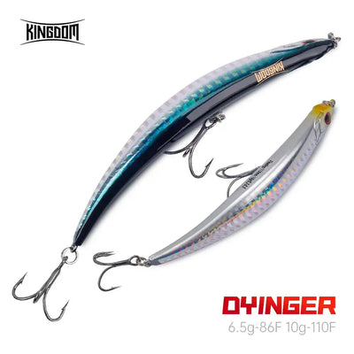 Floating pencil fishing lure set with treble hooks, iridescent blue and silver patterned bodies