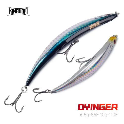 Floating pencil fishing lure set with treble hooks, iridescent blue and silver patterned bodies