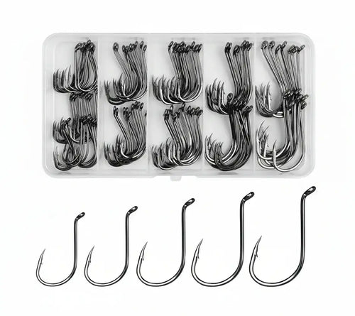 Assorted offset circle fishing hooks, mixed sizes, dark nickel-plated steel in tray