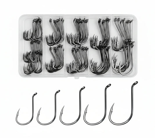 Assorted offset circle fishing hooks, mixed sizes, dark nickel-plated steel in tray