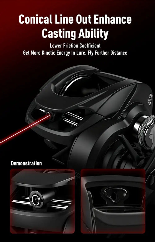 Black baitcasting reel with conical line out for improved casting distance