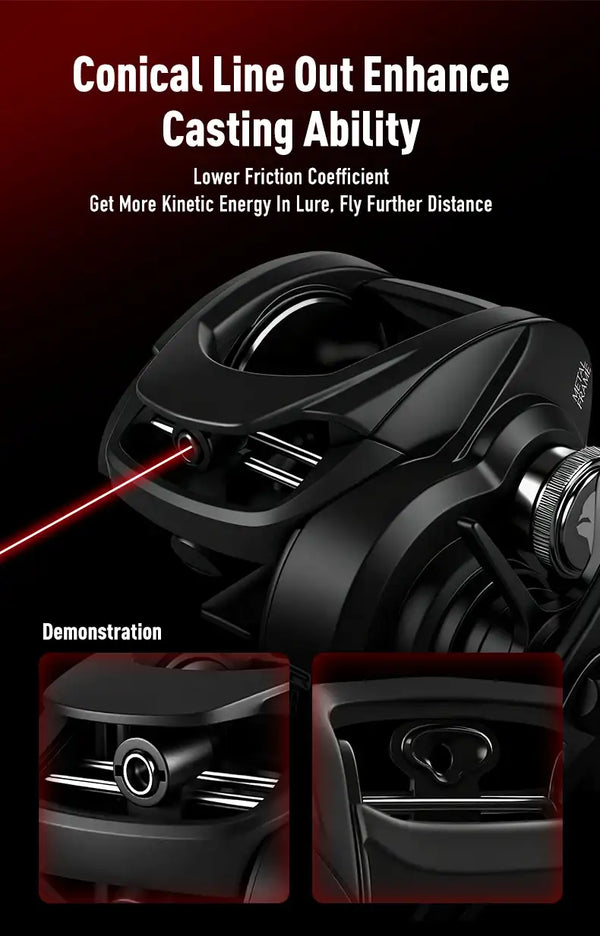 Black baitcasting reel with conical line out for improved casting distance