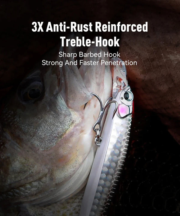 3x anti-rust reinforced treble hook on rainbow-scale minnow lure with red head
