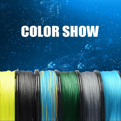 Assorted braided fishing line colors on spools, including yellow and blue
