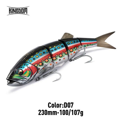 Multi-jointed hard fishing lure, multicolor pattern with treble hooks