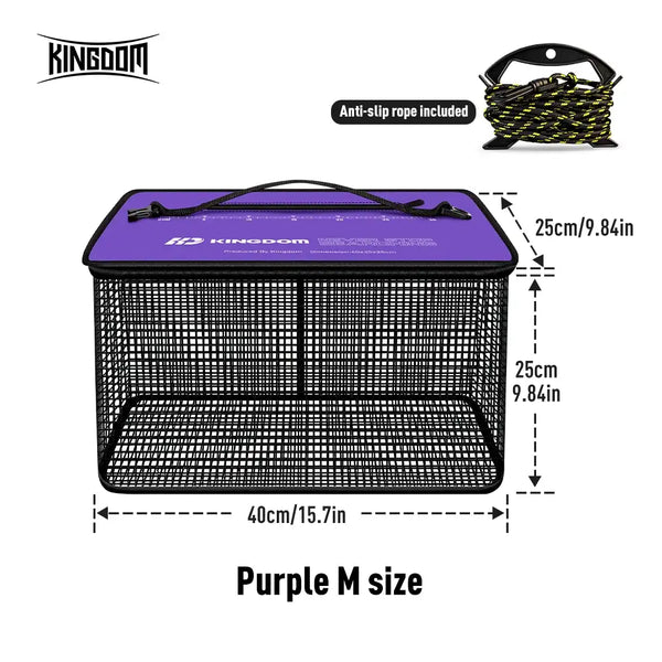 Purple foldable mesh fish basket with handle and hinged lid, anti-slip rope included