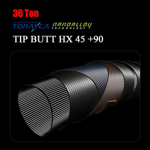 Carbon fishing rod with black ribbed tip and tapered butt close-up