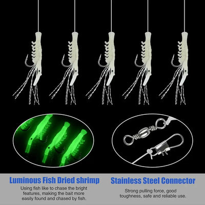 Set of luminous shrimp fishing bait rigs with hooks and silvery white shrimp bodies