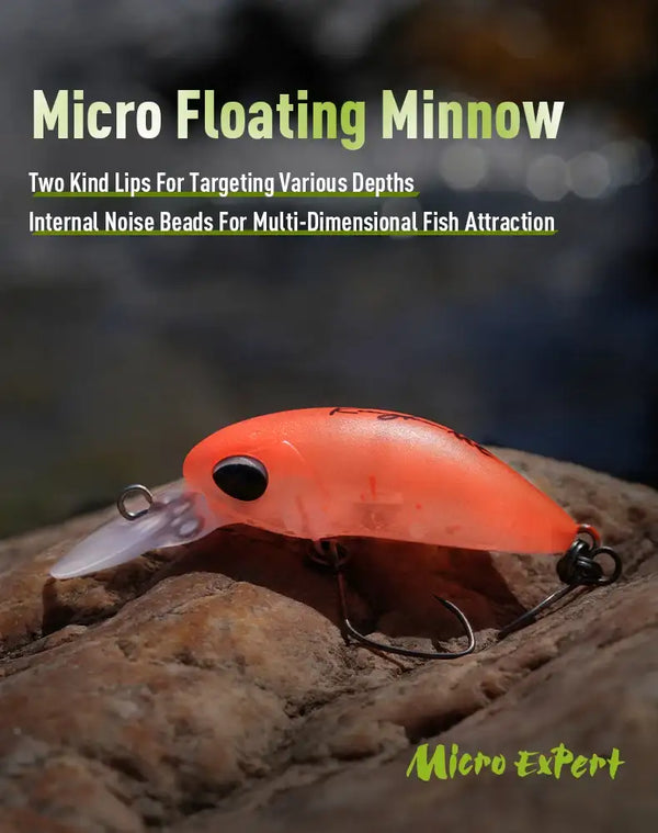 Micro Expert floating minnow lure, orange-red hard body with front lip and hooks