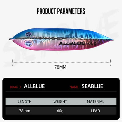Metal jigging spoon with blue-and-pink gradient body, reflective sides, feather tail and treble hooks.