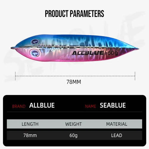 Metal jigging spoon with blue-and-pink gradient body, reflective sides, feather tail and treble hooks.