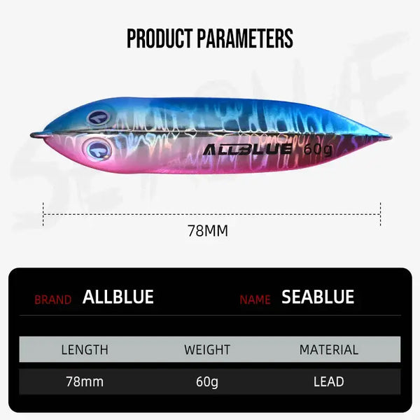 Metal jigging spoon with blue-and-pink gradient body, reflective sides, feather tail and treble hooks.