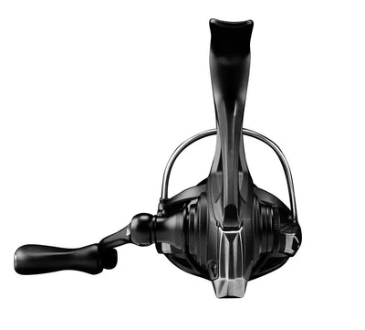 Black spinning reel with large bail and long handle, front view