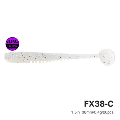 Soft plastic worm lure, pale white/clear body with round flared head