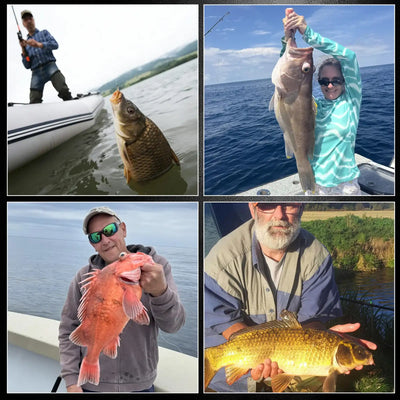 Anglers holding saltwater fish on fishing line with attached hooks and swivels