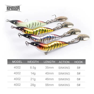 Set of metal spinner shrimp fishing lures in gold, rainbow, and silver with spoon blades