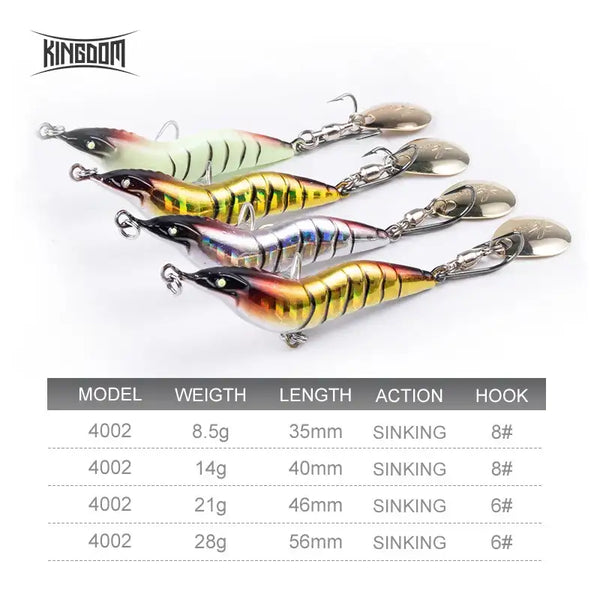 Set of metal spinner shrimp fishing lures in gold, rainbow, and silver with spoon blades