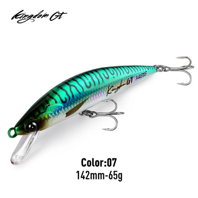 Green and teal striped sinking minnow lure with clear lip and three treble hooks (142mm)