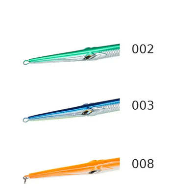 Sinking trolling pencil lure set: green, blue, and orange needle bait with treble hooks