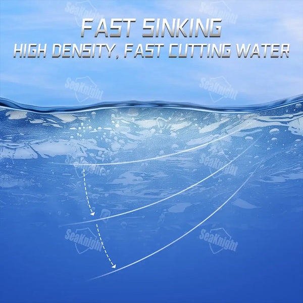 Underwater illustration of nylon fishing leader line sinking beneath the water surface