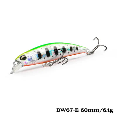 White-orange mini sinking minnow crankbait with green back, holographic stripe, treble hooks