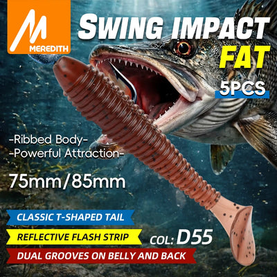 Meredith paddle tail soft plastic lure, reddish-brown ribbed body, classic T-tail