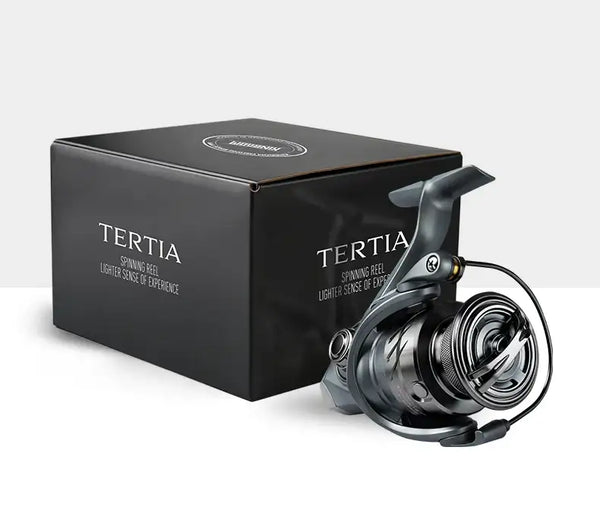 Spinning fishing reel with metal spool and crank handle, shown with matching box