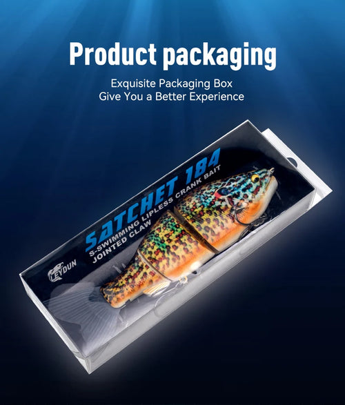 Swimbait lure in retail packaging box with window and colorful fish design