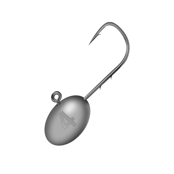 Lead head jig hook with gray oval weight marked 4 and sharp curved hook