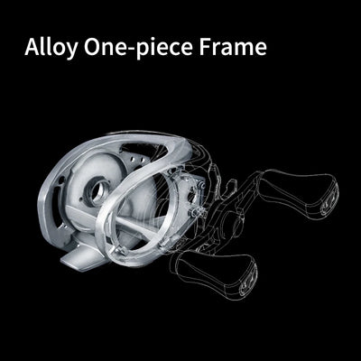 Baitcasting reel exploded view with silver alloy frame and spool components