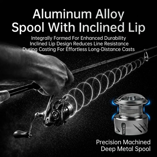 Spinning fishing reel with aluminum alloy spool, dark gray body and knob handle