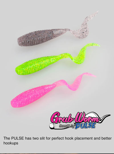Soft curled worm baits in lime green, hot pink, and lavender with wavy tail