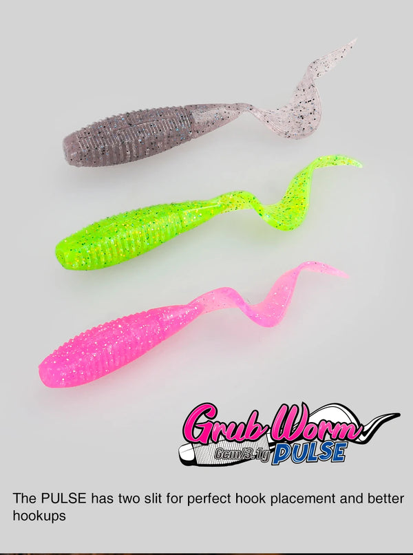 Soft curled worm baits in lime green, hot pink, and lavender with wavy tail