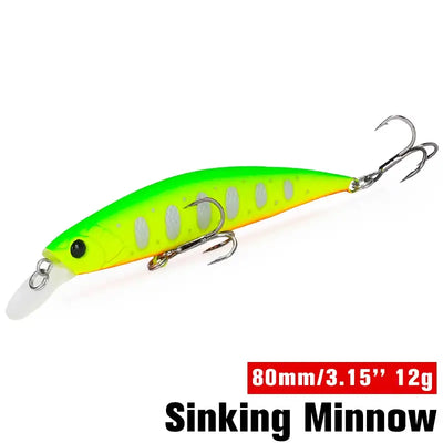 Chartreuse sinking minnow lure with treble hooks, 80mm/12g