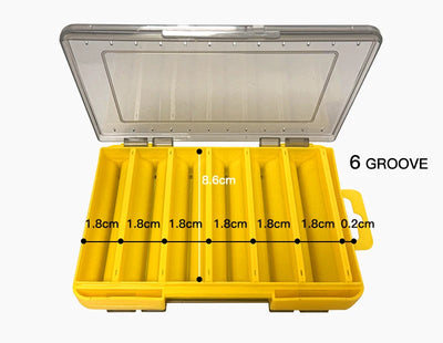 Yellow tackle box with clear lid open, showing 6 storage grooves and size markings