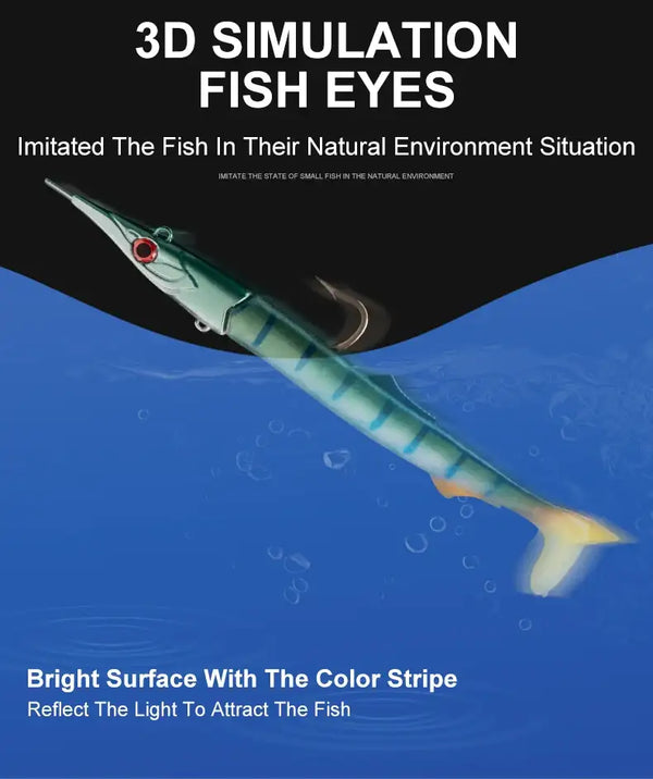 Sinking fishing lure with blue-green body, red eye, and paddle tail
