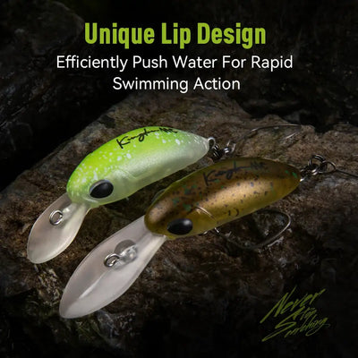 Floating artificial crankbait minnow lure, lime-green and brown speckled, each with hooks