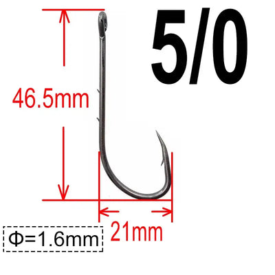 Barbed fishing hook 5/0 in dark metal, with size measurement diagram