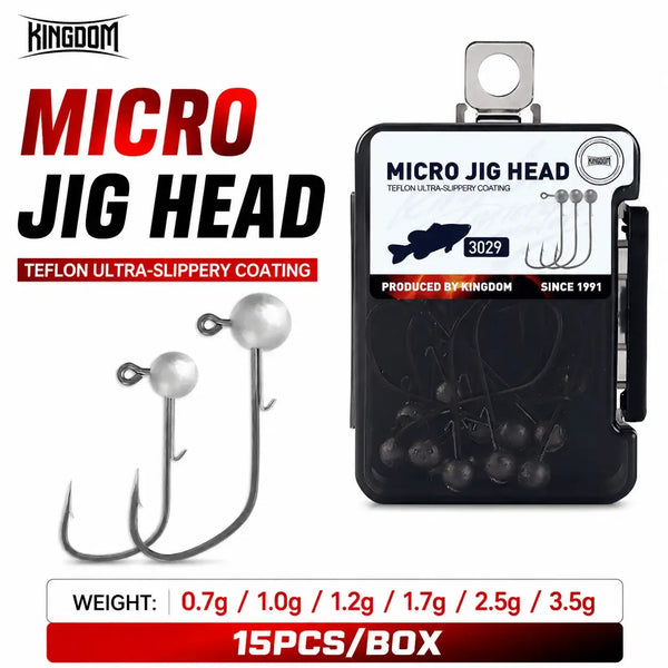 Micro jig head hook set in clear box, silver hooks with round lead heads, 15 pcs.