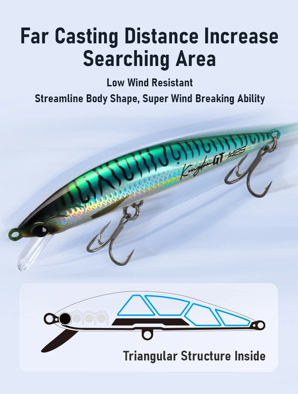Saltwater sinking minnow lure, green and silver striped body with two treble hooks
