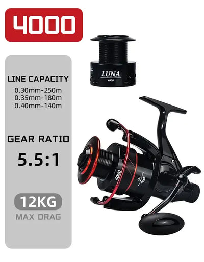 4000-size black spinning reel with red trim, open bail and spool