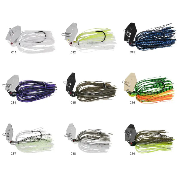 Set of bladed chatterbait jigs on display cards in multiple skirt colors