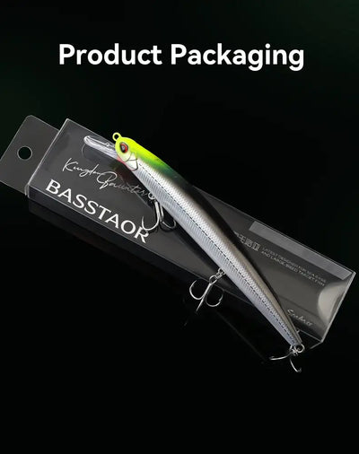 Fishing lure in retail packaging, green-silver minnow style with treble hooks